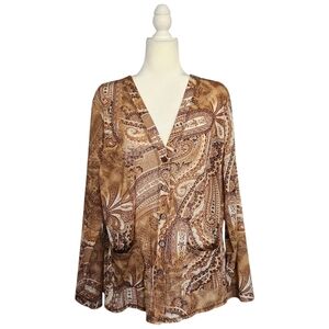 Susan Graver Women's Size 1X Paisley Brown Neutral Casual Cardigan Sweater